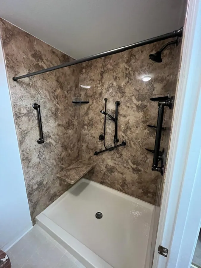 JDS Bath acrylic shower four custom placed shelves grab bars and bench richmond va