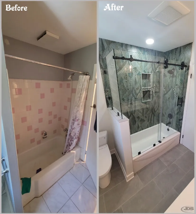 JDS Bath bathroom remodel before and after tub replacement full wall tile with glass barn door style richmond va