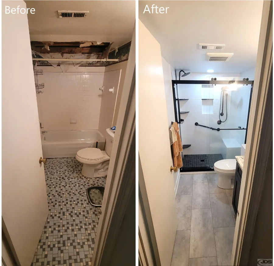 JDS Bath before an after tub to shower conversion tile walk in shower barn door style glass bypass door two showerheads built in bench centeral va