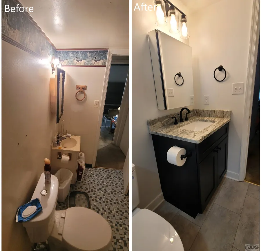JDS Bath before and after vanity replaced delta faucet new lights sink medicine cabinet mirror centeral va
