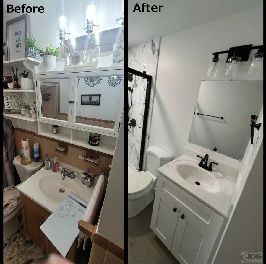 JDS Bath comolete remodel new vanity shelving mirror lights petersburg va
