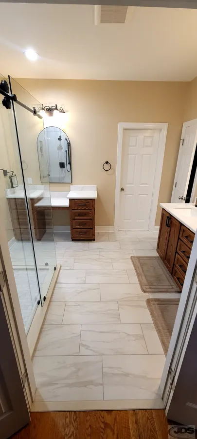 JDS Bath complete bathroom remodel large tile floor tile shower makeup area double vanity chester va