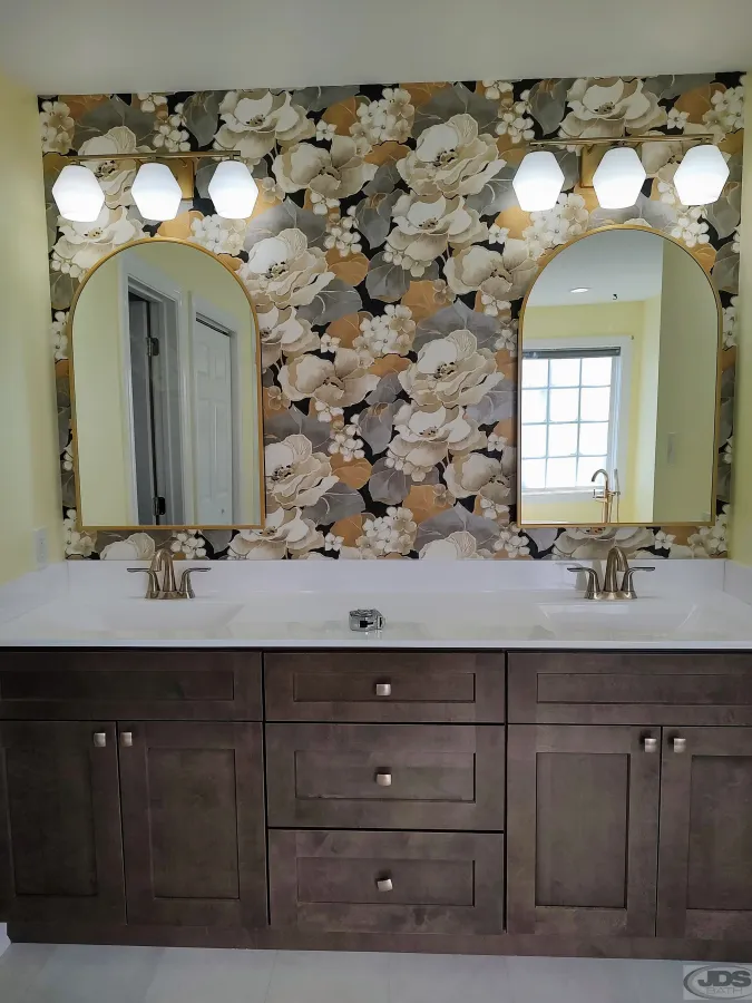 JDS Bath floral backsplash double vanity mirrors lighting white countertop centeral va