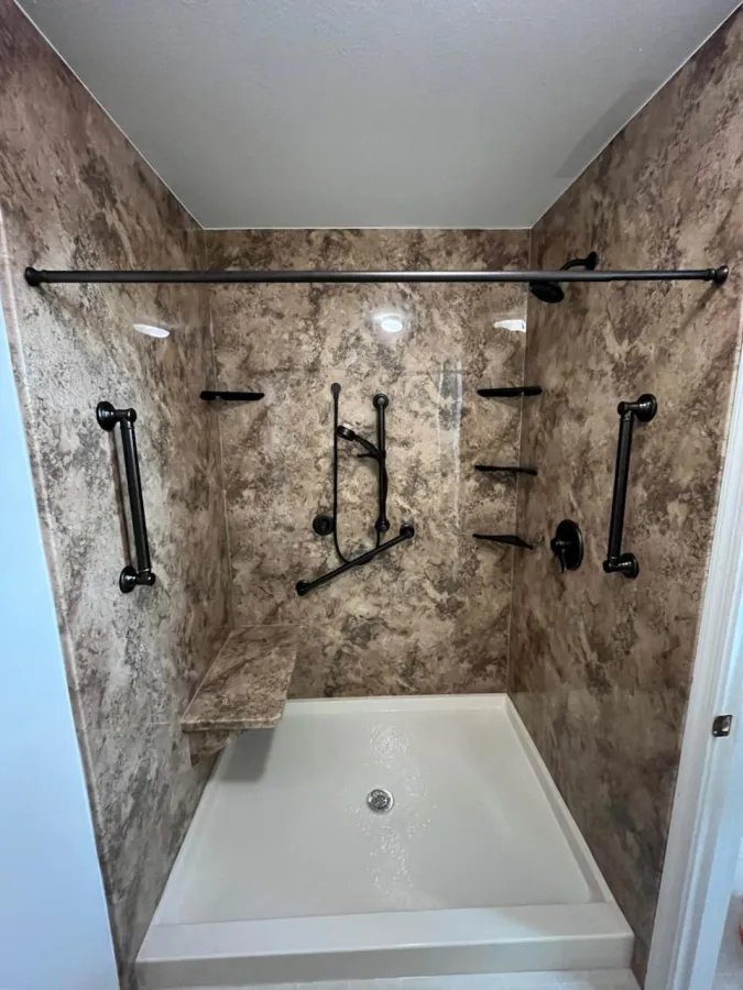 JDS Bath full wall acrylic black fixtures mounted bench richmond va