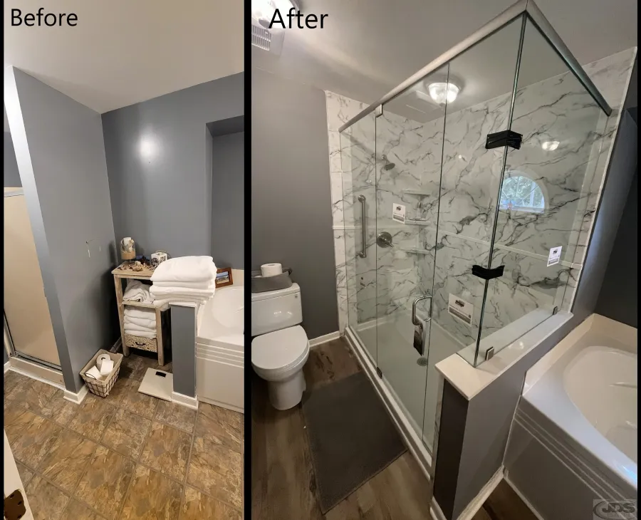 JDS Bath remove non loadbearing wall replace knee wall by bathtub install large walk in shower henrico va