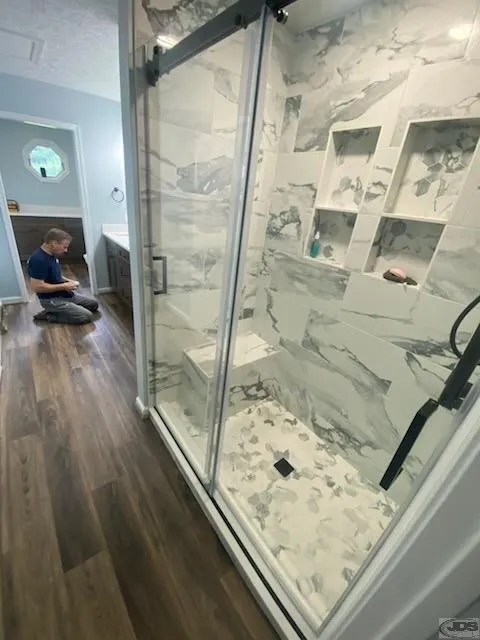 JDS Bath tile walk in shower bench glass semi frameless bypass door disputanta va