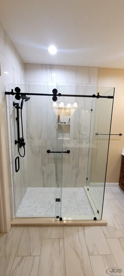 JDS Bath tile walk in shower rolling glass door panel glass surround full wall tile chester va