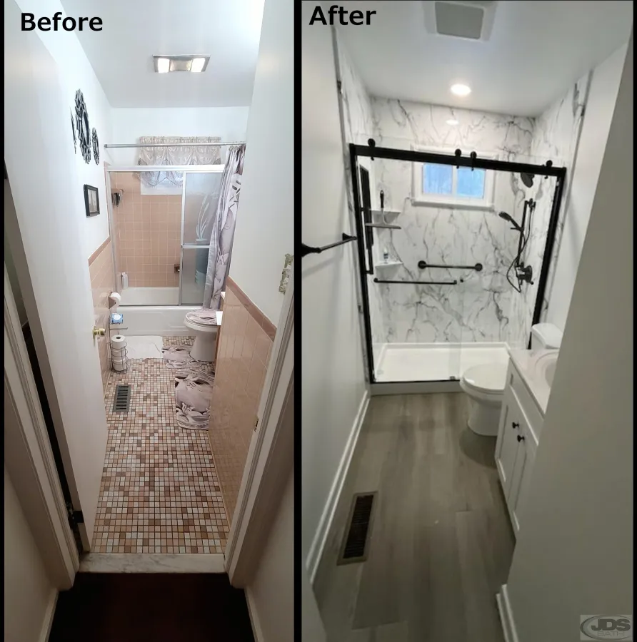 JDS Bath tub to shower conversion full wall marble acrylic barn door style glass bypass door shelves and niche petersburg va