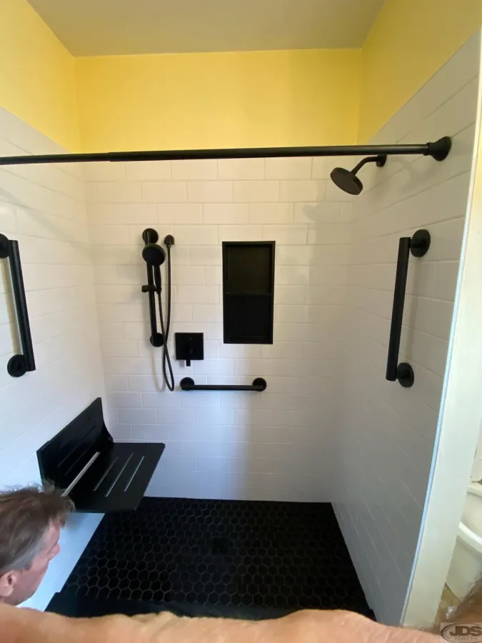 JDS Bath veteran bathroom tile walk in shower stationary showerhead hand held showerhead two grab bars richmond va