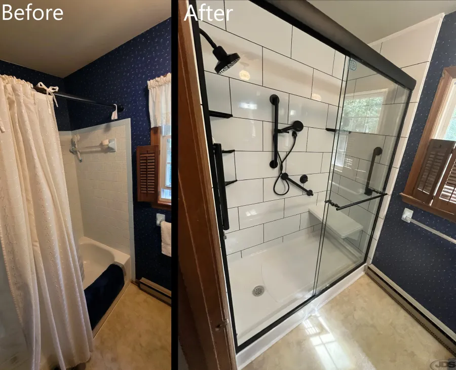 JDS Bath walk in shower with mounted bench two showerheads full wall acrylic centeral va