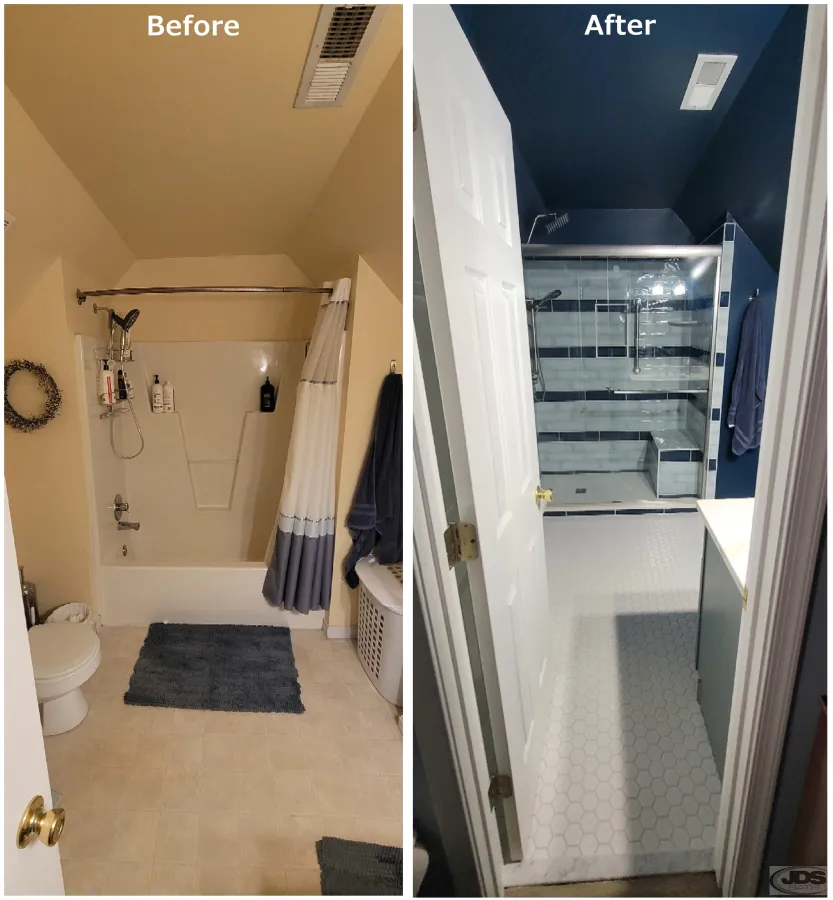 JDSBath complete remodel before and after tub to shower conversion fiberglass to tile Petersburg VA