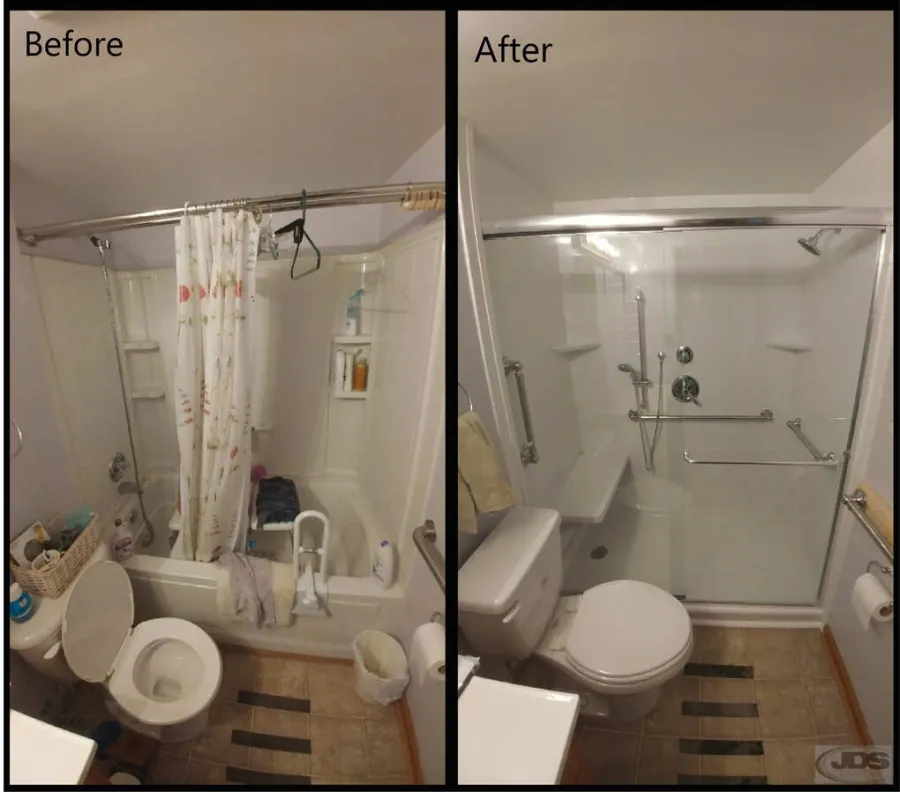JDSBath Before and after bathtub to ada accessible walk in shower acrylic glass shower door grab bars bench midlothian va