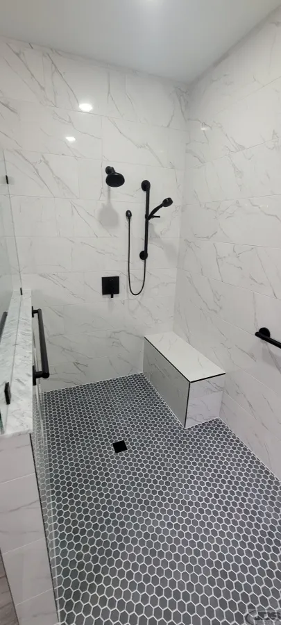 JDSBath VA Grant Veteran bathroom remodel double showerhead tile bench grab bars glen allen va