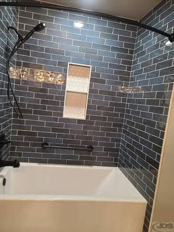 JDSBath acrylic Bath Concepts tub tile full wall surround double niche matching black showerhead shower curtain midlothian va