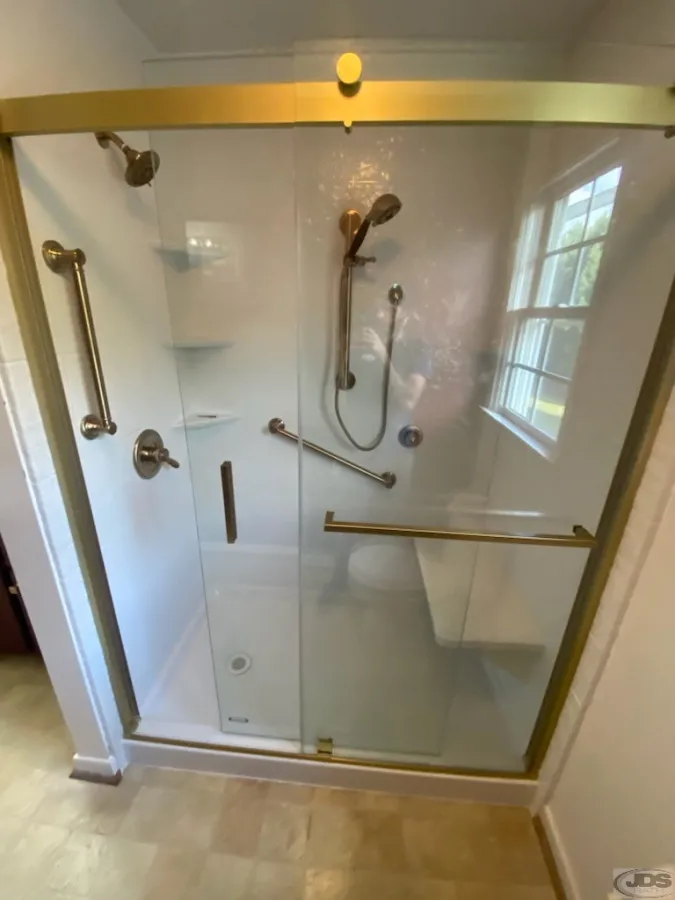 JDSBath acrylic full wall subway bench semi frameless barn door glass prince george va