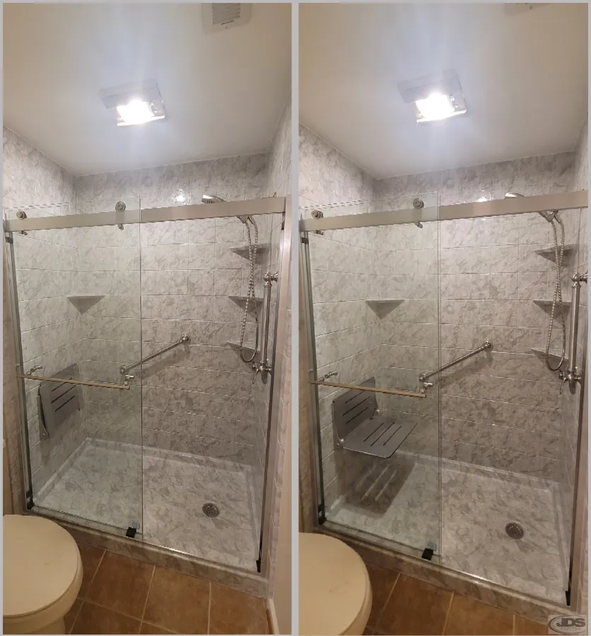 JDSBath acrylic imprint shower folding bench barn door style glass bypass door chester va