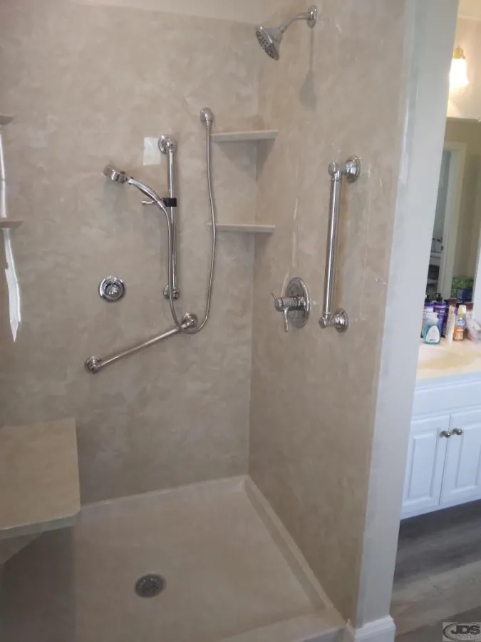 JDSBath acrylic walk in shower mounted showerhead and handheld showerhead with their own temperature controls grab bars chester va