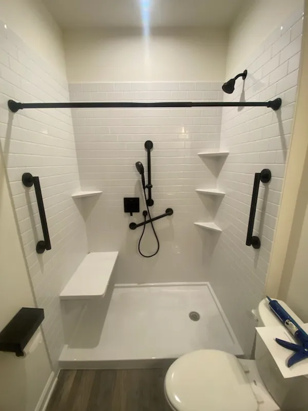 JDSBath acrylic walk in shower white subway black fixtures chester va