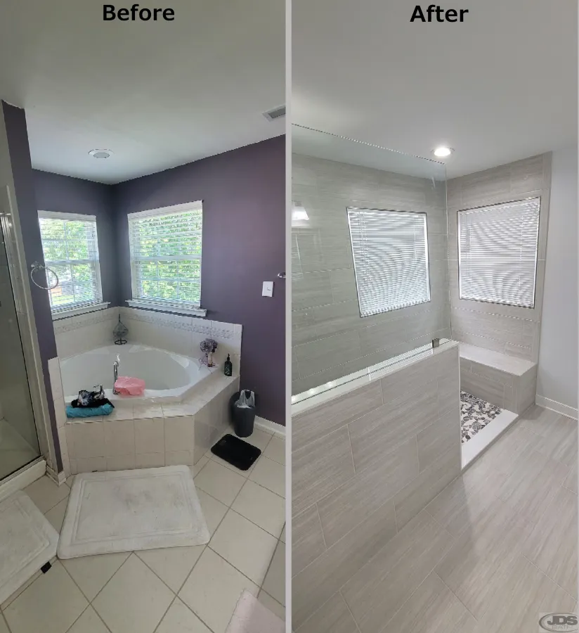 JDSBath bathroom remodel garden tub small shower replaced with large tile walk in shower chester va