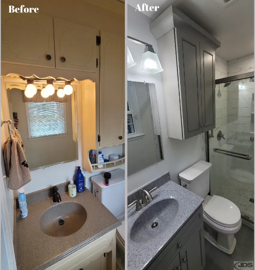 JDSBath bathroom remodel new vanity mirror tile shower toilet chesterfield va