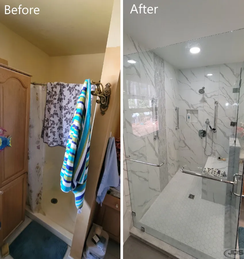 JDSBath bathroom remodel shower replacement tile bench glass door panel knee wall aylett va