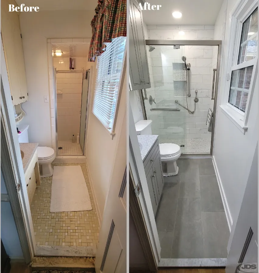 JDSBath bathroom remodel shower replacement tile folding bench removed wall chesterfield va