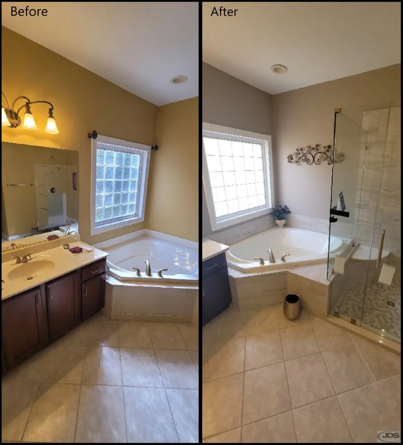 JDSBath before and after bathroom remodel garden tub walk in tile shower chesterfield va