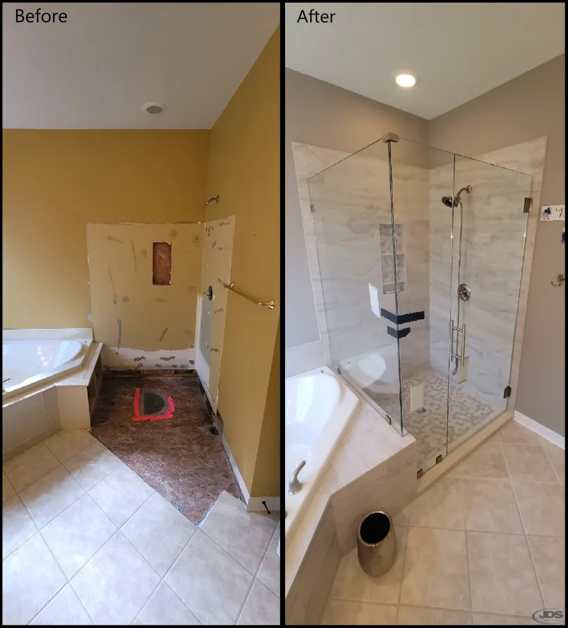 JDSBath before and after bathroom remodel shower replacement frameless glass enclosure tile walk in shower chesterfeild va