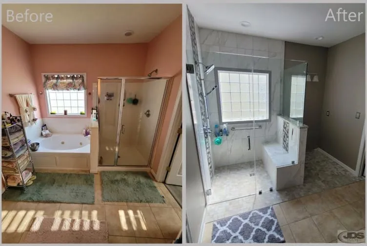 JDSBath before and after bathtub and shower removal tile walk in shower glass door panel chesterfield va