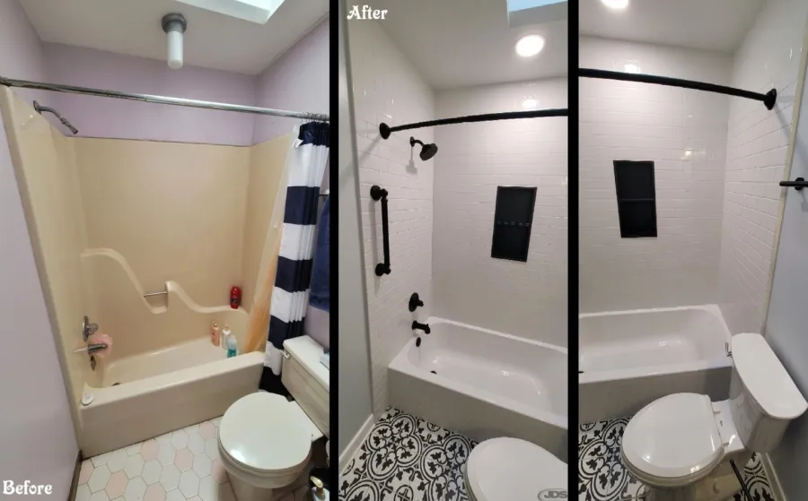 JDSBath before and after bathtub replacement chesterfield va acrylic bathtub tile surround niche monochromatic