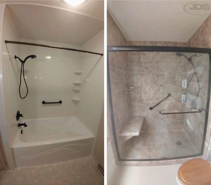 JDSBath before and after bathtub to walk in shower henrico va bench grab bars glass bypass shower door