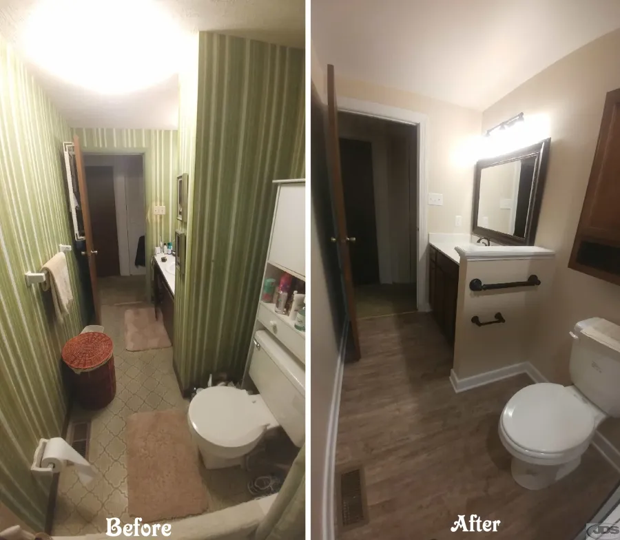 JDSBath before and after complete bathroom remodel henrico va non load bearing wall removed knee wall installed vanity mirror
