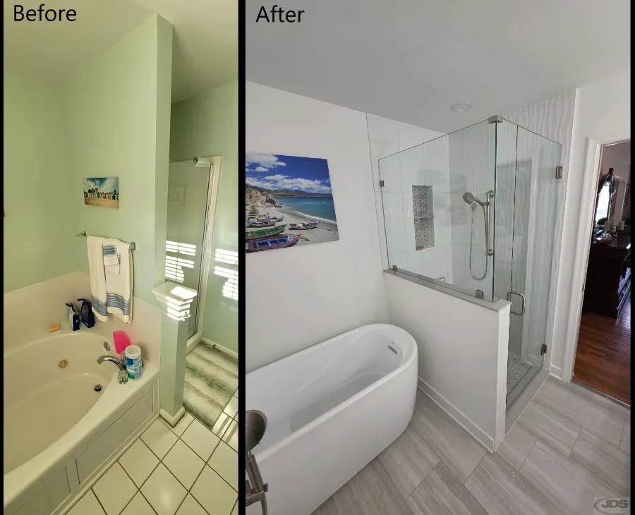 JDSBath before and after complete bathroom remodel installed stand alone bathtub tile walk in shower chester va