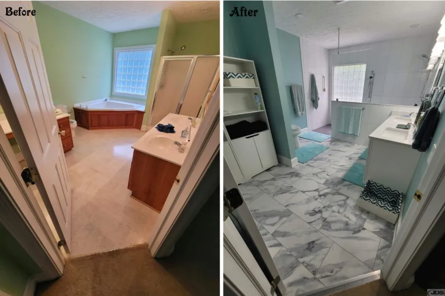 JDSBath before and after complete bathroom remodel mechanicsville va large tile shower glass panel double vanity