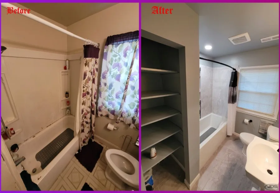 JDSBath before and after complete bathroom remodel petersburg va curved curtain rod acrylic bathtub tile surround