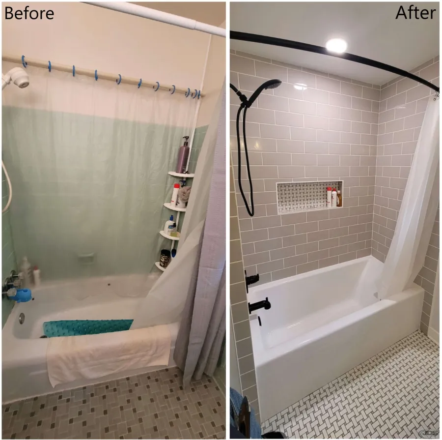 JDSBath before and after complete remodel bathtub replacement acrylic bathtub tile surround matching curtain rod richmond va
