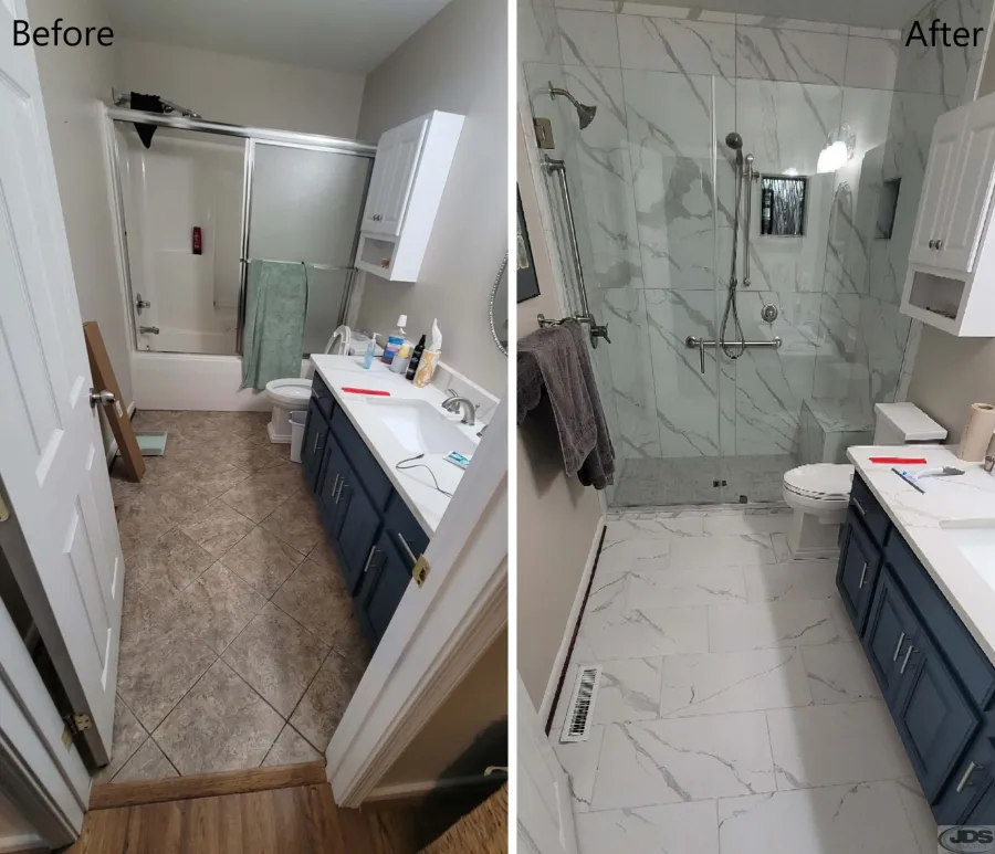 JDSBath before and after fiberglass bathtub to tile walk in shower tile floor richmond va