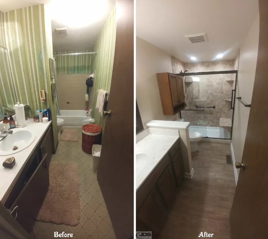 JDSBath before and after non load bearing wall removal bathtub to walk in shower chesterfield va