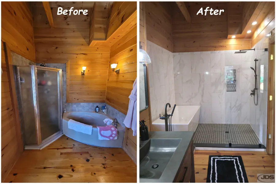 JDSBath before and after shower and bathtub converted to wet area bathroom tile shower acrylic soaking bathtub pedistal faucet sandy hook va