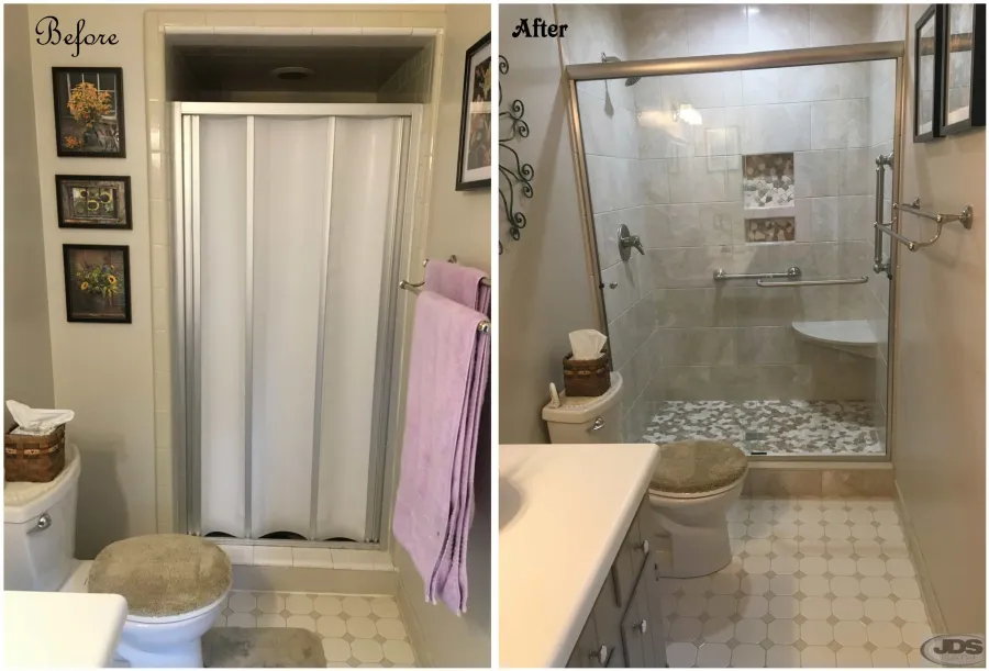 JDSBath before and after shower enlargement new tile shower niche bench glass shower door richmond va
