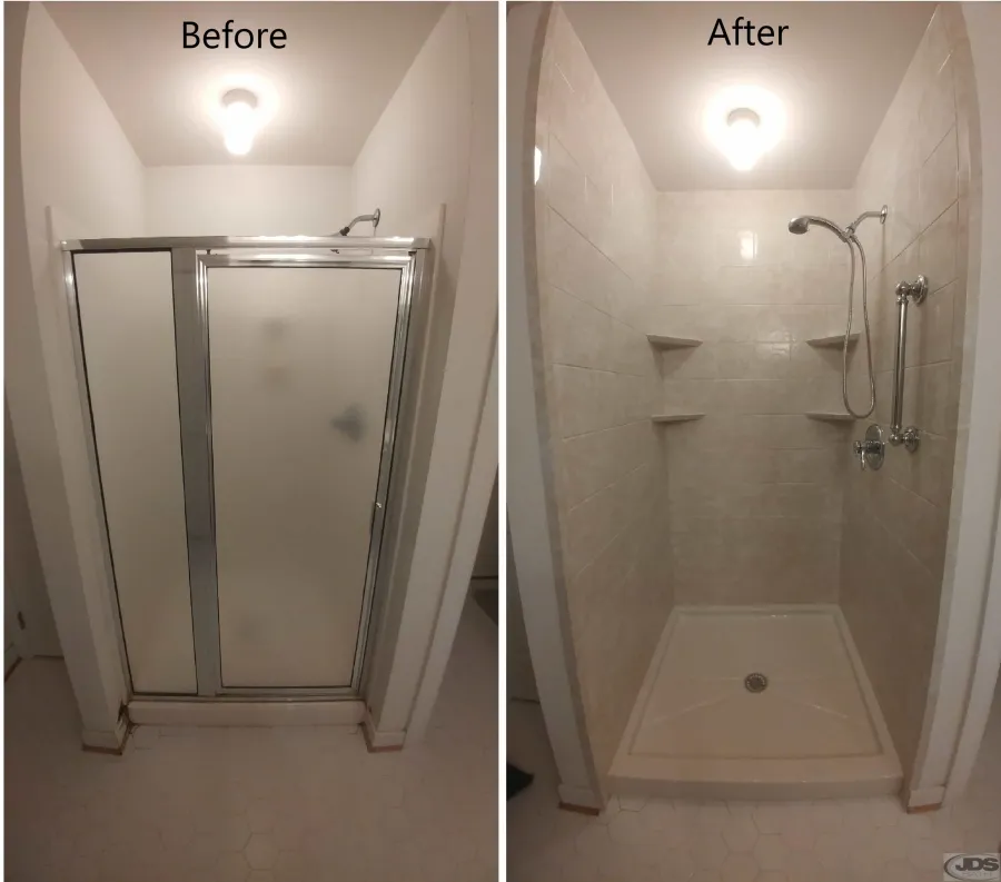 JDSBath before and after shower replacement full wall acrylic shower chesterfield va