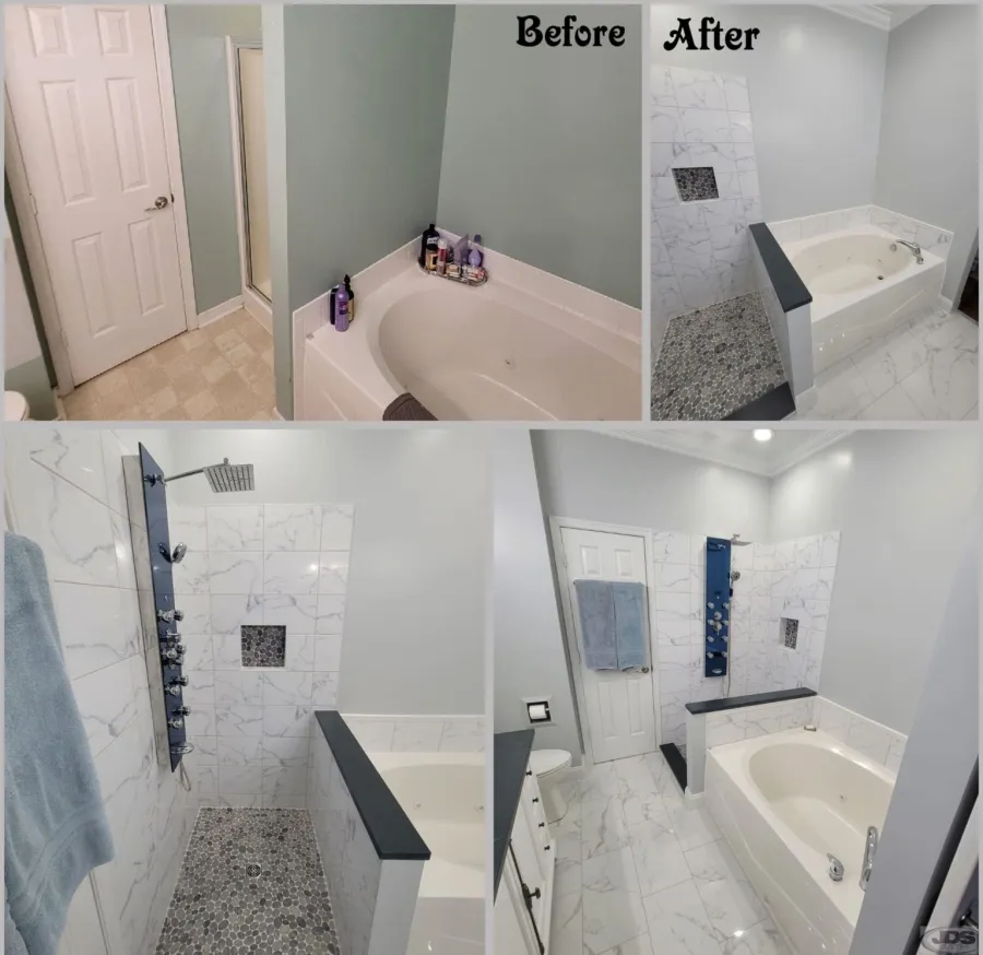 JDSBath before and after shower replacement tile knee wall tile floor chesterfield va