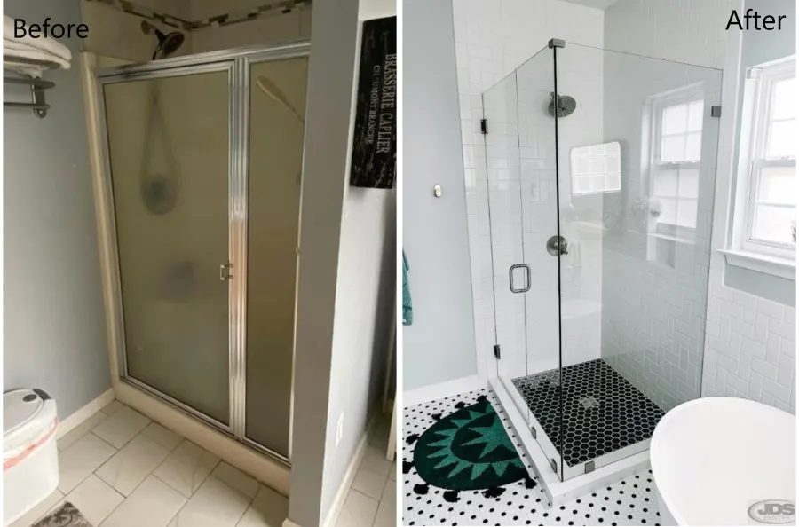 JDSBath before and after shower replacement tile shower glass panel door chester va