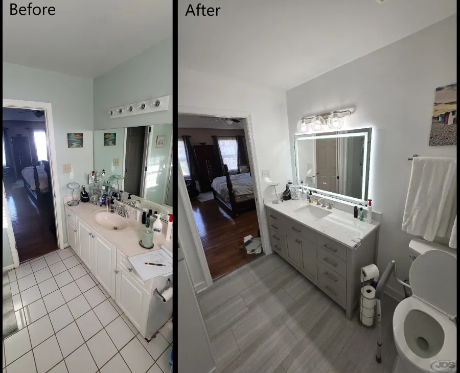 JDSBath before and after vanity replacement,mirror,new lighting flooring replacement and paint chester va