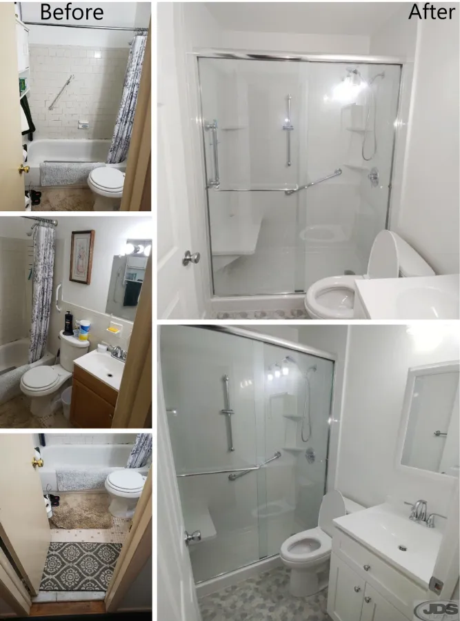 JDSBath before and after veteran bathtroom remodel bathtub to walk in shower conversion midlothian va