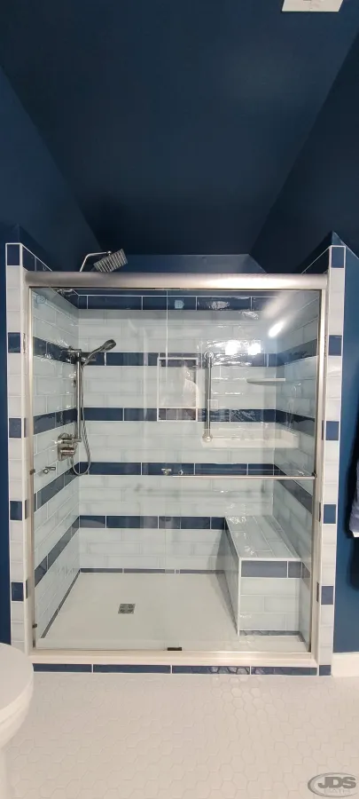 JDSBath blue and white subway tile shower rain showerhead tile bench petersburg va