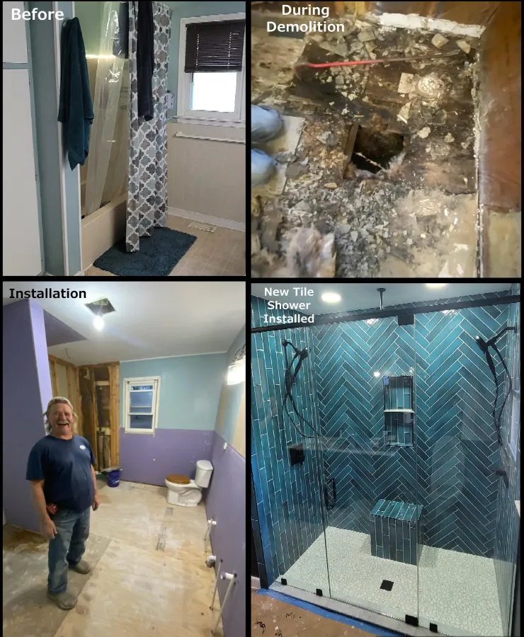JDSBath complete bathroom remodel damaged subfloor repair new herringbone tile shower centeral va