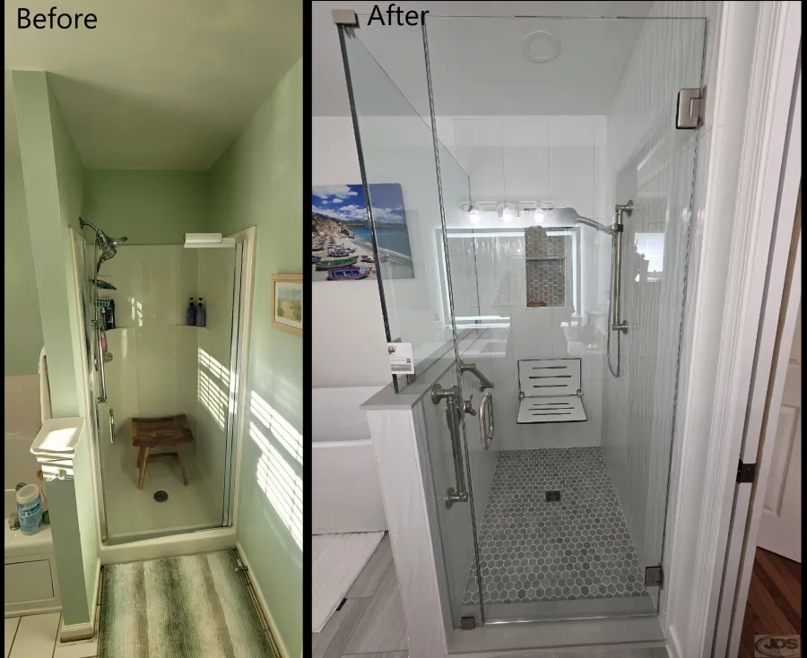 JDSBath complete bathroom remodel including shower replacement removed non loagbearing wall installed knee wall installed tile shower chester va