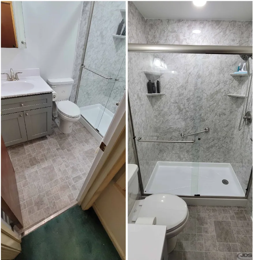 JDSBath complete bathroom remodel waterproof floor vanity sink mirror acrylic walk in shower semi frameless glass bypass door henrico va