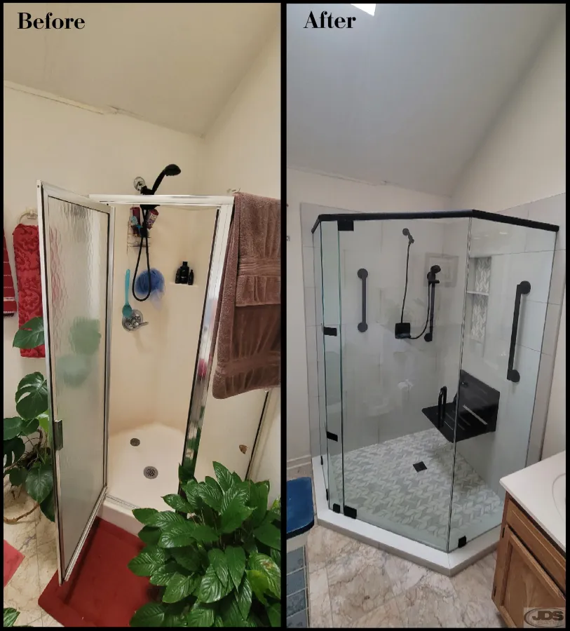 JDSBath corner shower semi frameless glass enclosure morris tile ferguson centeral va